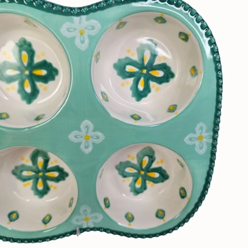 Dutch Wax Muffin Pan Green Ceramic Handpainted Kitchen‎ Baking Beaded Edge Decor